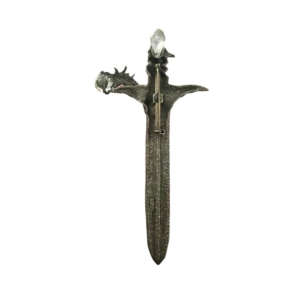 Vtg Serpentine Dragon & Wizard Sword Pewter Tone Pin Medieval Gothic JJ Jonette‎